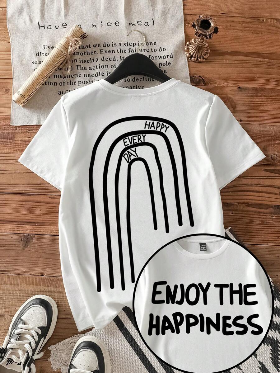 SHEIN EZwear Casual Graphic Print Crew Neck Short Sleeve Fitted Women T-Shirt, Cotton Blend, Suitable For Summer