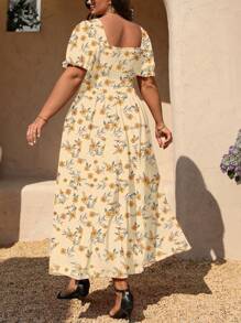 SHEIN Clasi Plus Size Women Floral Print Puff Sleeve Mini Dress For Holiday - Multicolor - View 2