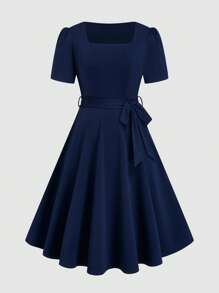 SHEIN Clasi Abito a maglia con scollo a barca, maniche corte, vita con cintura, taglie forti, colore blu navy, elegante per primavera ed estate