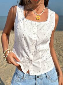 SHEIN Bubbli 女士度假休闲碎花纽扣前背心 - 米色 - 查看 1