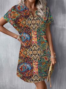 SHEIN LUNE Vestido corto tejido con cuello en V, estampado floral retro minimalista y casual, adecuado para primavera y verano para mujeres