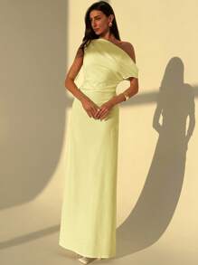 Aloruh 优雅不对称肩部褶皱腰A字裙，简约通勤纯色修身连衣裙