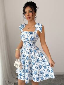 Elenzga Nuovo abito elegante e casual per l'estate e le vacanze, a fiori piccoli, con lacci sulle spalle, vita incintata, linea a ruota, slim e modellante