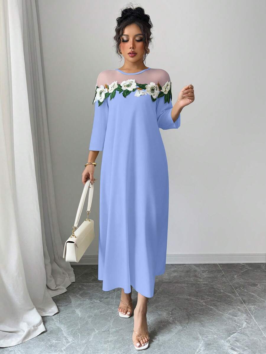 Elenzga Women Floral Applique Decor Mesh Splice Round Neck Dress - Baby Blue - View 1