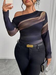 EMERY ROSE Plus Size Women Tie-Dye Print Asymmetric Neck Ruched Long Sleeve T-Shirt, Spring Fall Cloth For Women - Multicolor - View 5