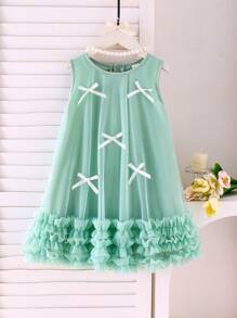 Elladie kids Young Girls Green Cute White Bowknot Inlaid Button Round Neck Layered Mesh Comfortable Elegant Little Princess Dress