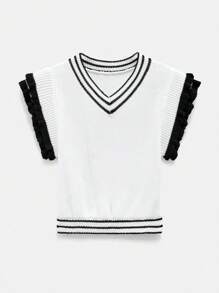 Maija Nuevo diseño de verano 2025 Blusa sin mangas de punto de diseño minimalista con empalmado blanco y negro, abertura calada, volante en el bajo, adecuada para playa, diario, fiesta informal, invitada de boda, festival de música, graduación
