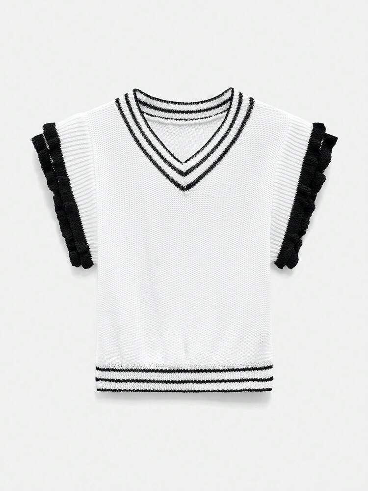SHEIN Maija 2025 Summer New Arrival Women's Black & White Splice Hollow-Out Knit Casual/Commuting Fashion Minimalist Design Layered Ruffle Hem Sleeveless Top, Suitable For Beach, Daily, Casual Party, Wedding Guest, Music Festival, Graduation