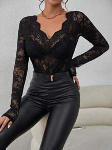 SHEIN Tall CURVE Blusa elegante sexy e trasparente di pizzo per taglie forti