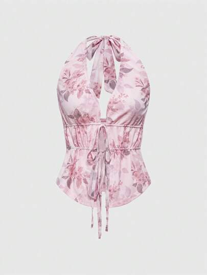 Fairycore Top camisero ajustado con estampado floral y espalda descubierta para mujeres, perfecto para vacaciones románticas