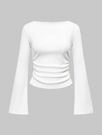 Goth Maglietta da donna a maniche lunghe, collo a barca, a campana, tinta unita, slim fit, colore bianco