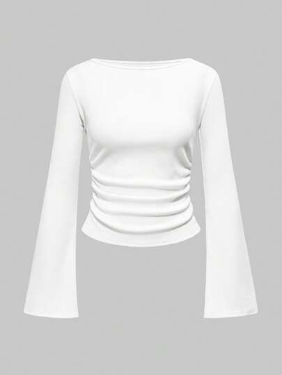 Goth Camiseta básica de mujer de manga larga, cuello de barco, manga acampanada, unicolor, ajuste ceñido, color blanco