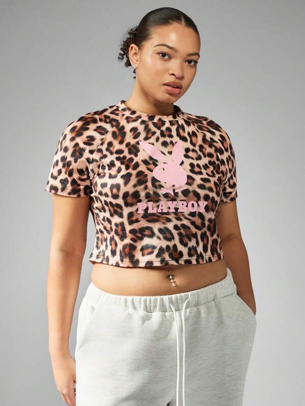 MISSGUIDED PLUS x Playboy Plus Size Leopard Print Crop T-Shirt Short Sleeve Animal Pattern Cropped Tee Loungewear Casual Streetwear Statement Top