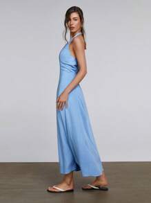 Athîral Vestido largo con escote halter sin espalda de unicolor elegante para mujer