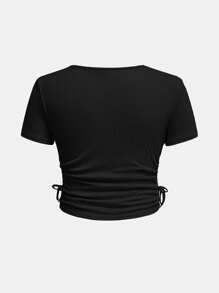 SHEIN Girlism Tween Girls 2 Pieces Set: Rib-Knit Solid Color Round Neck Fitted Pullover Top & Flare Leg Pants, Casual & Comfy - Black - View 7