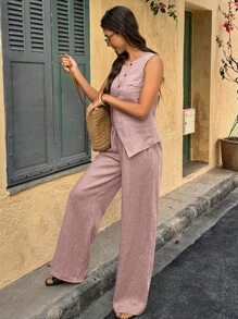 Selianne 2pcs Women Vacation Style Solid Color Single-Breasted Vest And Pants Set - Dusty Pink - View 3