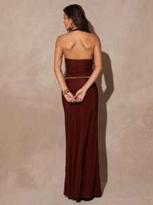 Silquee Women's Elegant Solid Color Low Waist Ultra Long Skirt, Summer - Brown - View 2