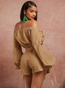 SHEIN SXY Spring/Summer Dating Club Valentine's Day Wedding Elegant Vacation Birthday Woven Off Shoulder Cargo Pockets Embellish Long Sleeve Short Top With Drawstring Strap Design - Brown - View 2
