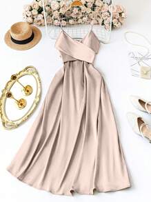 SHEIN Clasi Đầm nơ dây mảnh satin trơn màu cỡ lớn thanh lịch cho nữ - Màu be - Xem 1