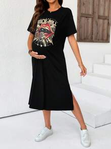 SHEIN Maternity Letter & Lip Print Round Neck Short Sleeve Casual T-Shirt Dress - Black - View 5
