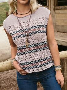 LanaWest Women's Bohemian Style Geometric Pattern Knit Sweater Vest, Casual Resort Wear Knit Pullover Fall Winter