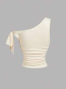 SHEIN MOD Áo thun cổ tròn màu mơ thêu hoa 3D ánh kim, cổ bất đối xứng, mùa hè/mùa hè dành cho nữ, trang phục phương Tây dành cho nữ, phong cách Boho dành cho nữ, tiệc trà chiều, áo thun Rave - Màu be - Xem 2