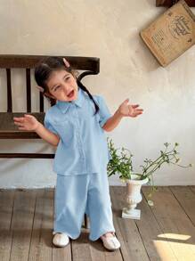 SHEIN LMoss Kids Baby Mädchen Sommer Lässig rosa Kurzarm Bluse und Elastischer Taille Lange Hose Set