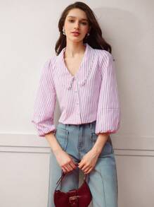 MOTF PREMIUM STRIPED FAUX PEARL BUTTON BLOUSE