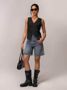 SHEIN Forever 21 Parte superior tipo camiseta de tirantes informal con nudo delantero de unicolor para mujer, para el verano