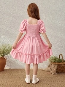 Blossori Young Girls' Elegant Pink Puff Sleeve Ruffle Hem Dress, Spring/Summer French Style - Pink - View 2