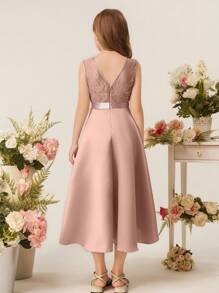 花童少女精致蕾丝花边领缎面高低下摆连衣裙，婚礼/生日派对/日常穿着 - 粉色 - 查看 2