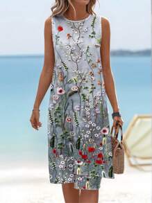 EMERY ROSE Casual Printed Sleeveless Round Neck A-Line Dress, Suitable For Summer - Multicolor - View 1