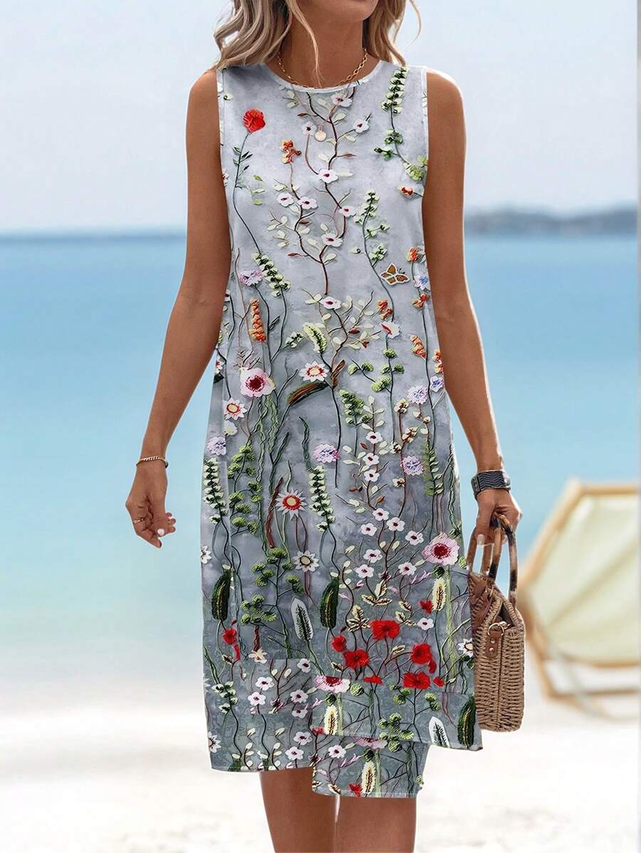 EMERY ROSE Casual Printed Sleeveless Round Neck A-Line Dress, Suitable For Summer - Multicolor - View 1