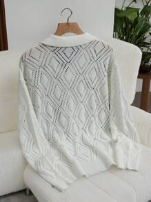 Manfinity Homme Jersey de manga larga con diseño geométrico hueco para hombres, suéter de ganchillo para vacaciones de verano en la playa en otoño/invierno - Blanco - Ver 2
