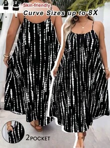 SHEIN CURVE+ Plus Size Summer Tree Pattern Spaghetti Strap Backless Loose Comfortable Vacation Dress, Suitable For Resort And Beach Y2k - Black and White - View 9