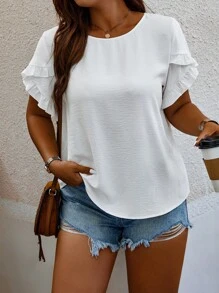 SHEIN Clasi 大码女式纯色圆领喇叭袖休闲衬衫 - 白色 - 查看 4