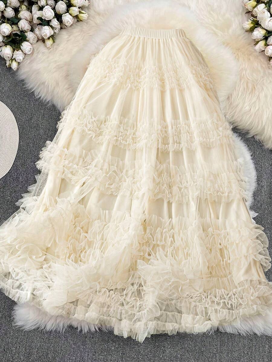 DreamSkyne 大码女士春夏杏色网眼蕾丝拼接派对日常装优雅公主裙 - 杏色 - 查看 1