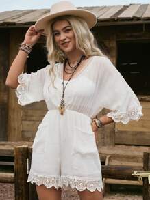 LanaWest 女式波西米亚 V 领蕾丝边连体裤和连身衣，度假夏季服装复古西部乡村休闲工装裤，音乐节庆祝母亲节