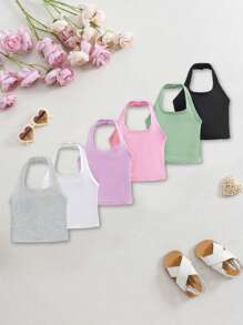 SHEIN 6pcs/Set Cute Solid Color Knit Tank Tops, Versatile Summer Style For Baby Girls - Multicolor - View 1