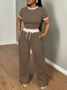 SHEIN SXY 2pcs/Set Women Contrast Color Cropped Short Sleeve T-Shirt And Pants Set,Summer Sets - Coffee Brown - View 6
