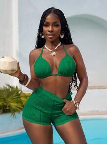 Slaydiva Bộ đồ bơi 2 món, áo bikini có dây buộc, áo ngực tam giác và quần short đi biển, thời trang mùa hè - màu xanh lá - Xem 4