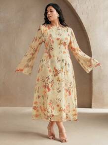 Anewsta Vestido estampado floral de manga larga con estilo de campo francés para mujer, elegante vestido fluido de talle alto y de talla grande en color amarillo suave, nueva llegada 2025