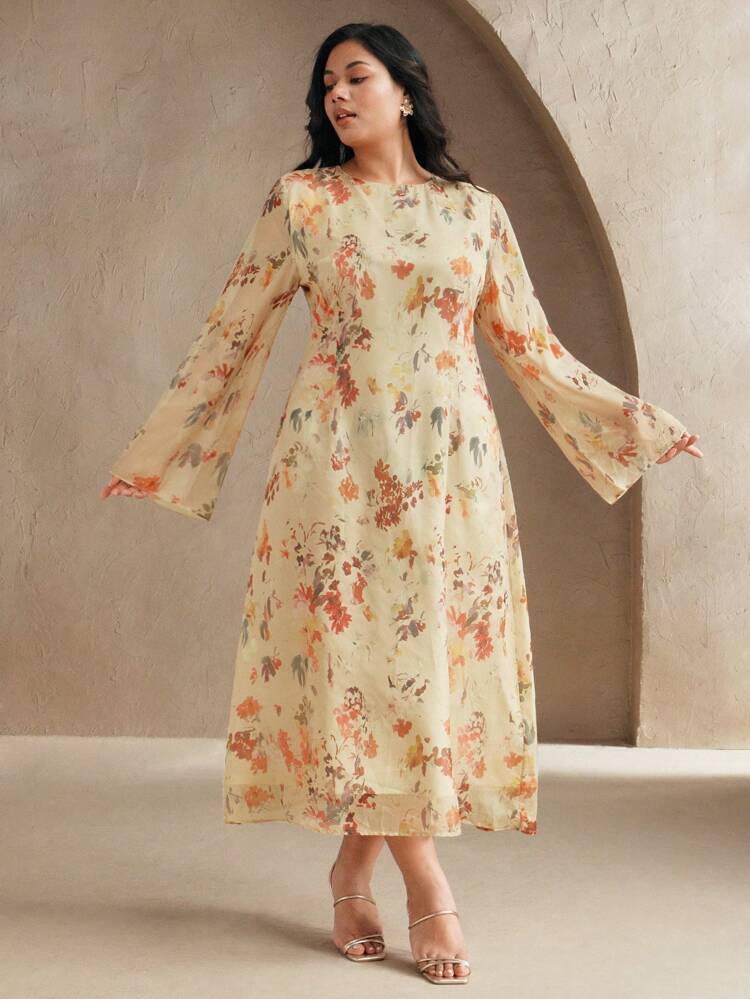 Robe longue à manches longues avec imprimé floral style campagne française, élégante robe fluide jaune pâle taille fine et élégante pour grandes tailles, nouvelle arrivée 2025