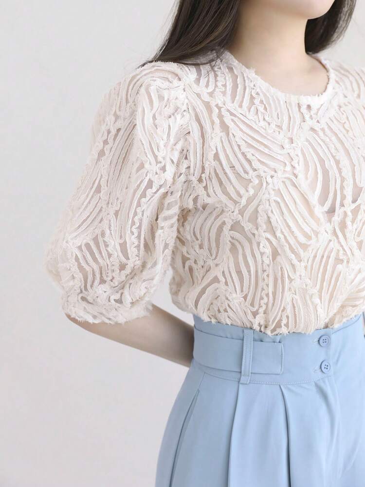 Crew Neck Lace Fabric Puff Sleeve Fitted Pullover Blouse Shirt