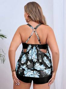 Swim Lushoire Plus Size Women Summer Beach Holiday Floral Print Casual Camisole Tankini Swimwear Set Swimsuit Plus Size - Blue - View 2