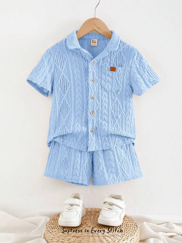 Cozy Pixies 2pcs Young Boy Set - Solid Color Polo Collar Short Sleeve Cardigan And Elastic Waist Shorts