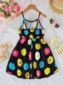 Vestido casual de tirantes finos con estampado floral para niña en vacaciones - Negro - Ver 2
