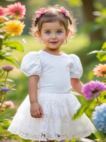 SHEIN Baby Girls 2Pcs Set Solid Color Knit Ruffle Sleeve Top And Mesh Skirt Outfit - White - View 1