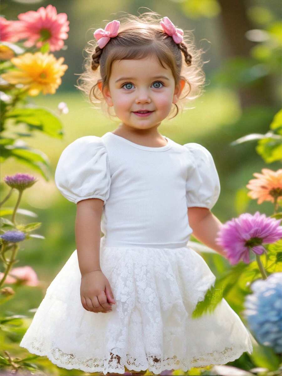 SHEIN Baby Girls 2Pcs Set Solid Color Knit Ruffle Sleeve Top And Mesh Skirt Outfit - White - View 1