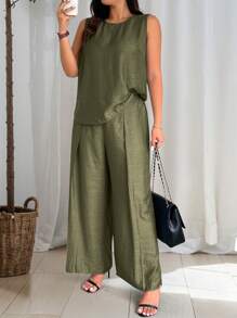 EMERY ROSE Set de 2 piezas de talla grande para mujer, con camisa de cuello redondo sin mangas y pantalones de unicolor - Verde militar - Ver 4